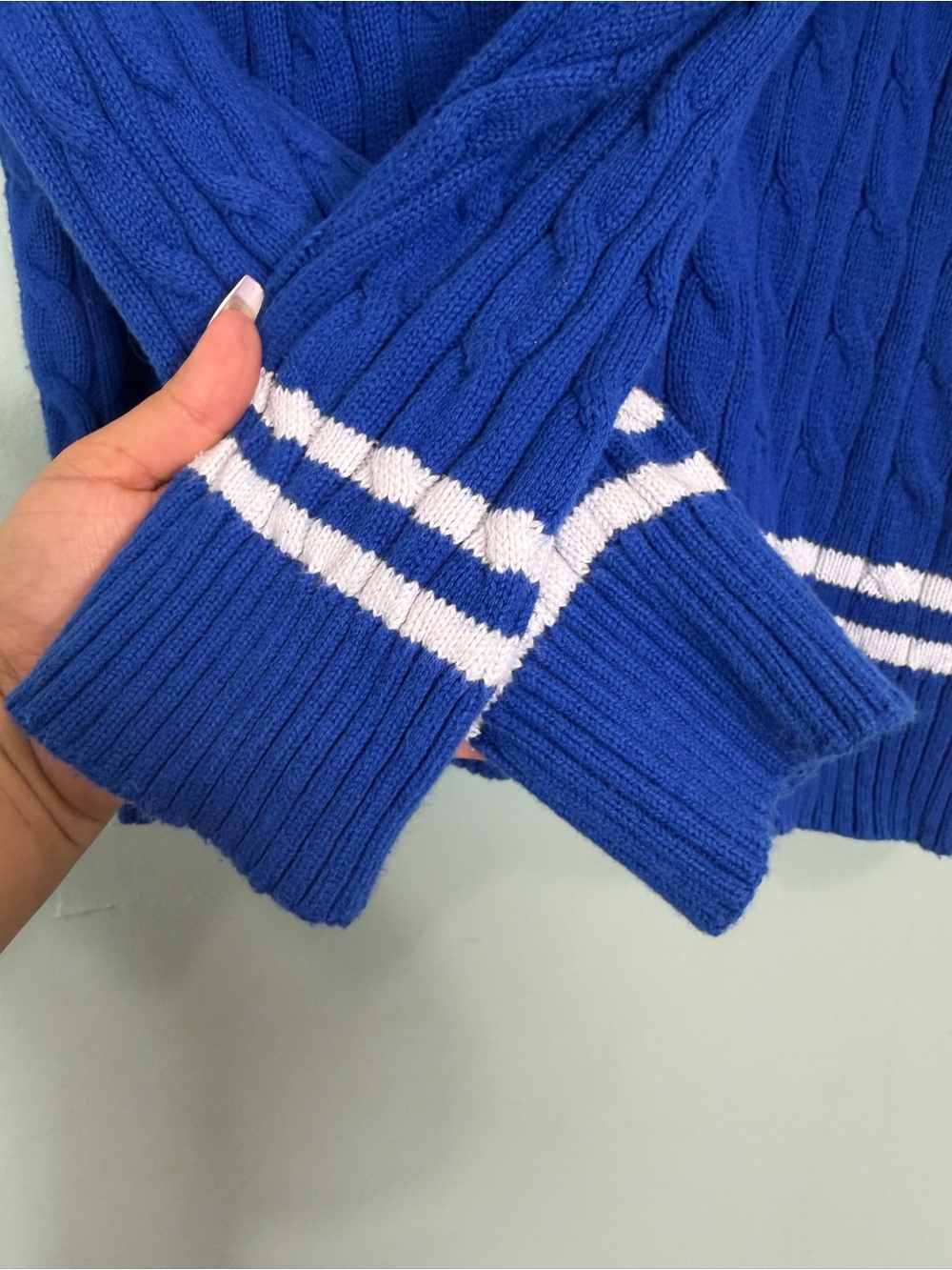 Lauren Ralph Lauren Cricket Sweater Pullover Blue White Cable Knit Women Large - Picture 8 of 8